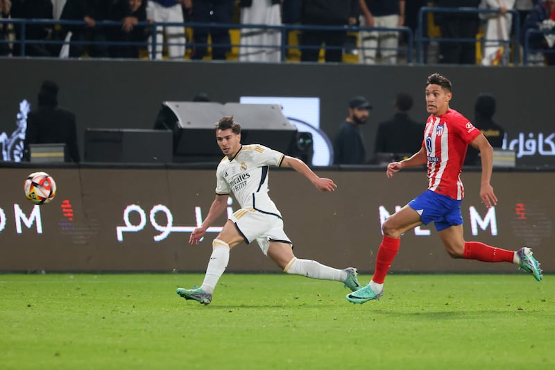 Brahim Diaz shoots to score Real Madrid's fifth goal during the Spanish Super Cup semi-final. AFP