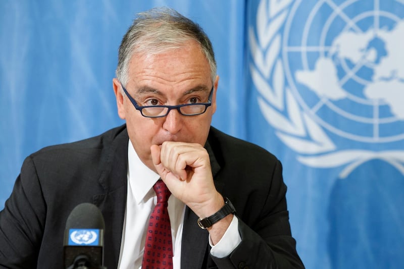 epa06799844 Panos Moumtzis, UN Regional Humanitarian Coordinator for the Syria Crisis, informs the media during a press conference on latest developments on humanitarian access in Syria, at the European headquarters of the United Nations in Geneva, Switzerland, 11 June 2018.  EPA/SALVATORE DI NOLFI