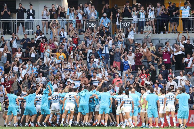 Argentina's players celebrate victory with their fans after defeating New Zealand in the Tri-Nations match at the Bankwest Stadium in Sydney on Saturday, November 14. AFP