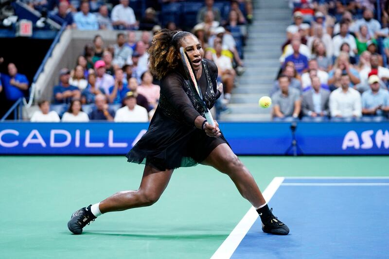 Serena Williams hits to Danka Kovinic on day one of the 2022 US Open. Reuters