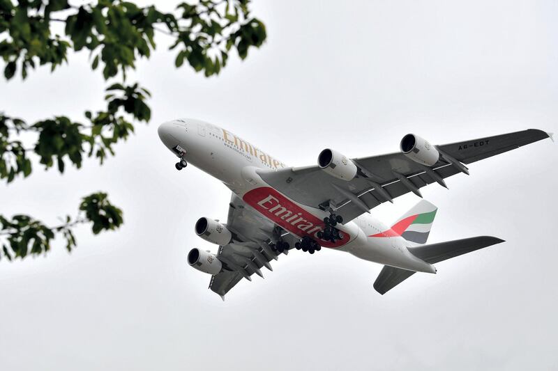 An Emirates operated Airbus A380-800 double-decker aircraft prepares to land at London Heathrow Airport, west of London on May 3, 2019. - London Mayor Sadiq Khan, along with environmental charities and local councils, on May 1, 2019, lost a court battle to prevent an expansion of Heathrow, Britain's busiest airport. Opponents to the introduction of a third runway at the west London airport cite the negative impacts on noise and air pollution, habitat destruction, transport congestion, and climate change. (Photo by BEN STANSALL / AFP)