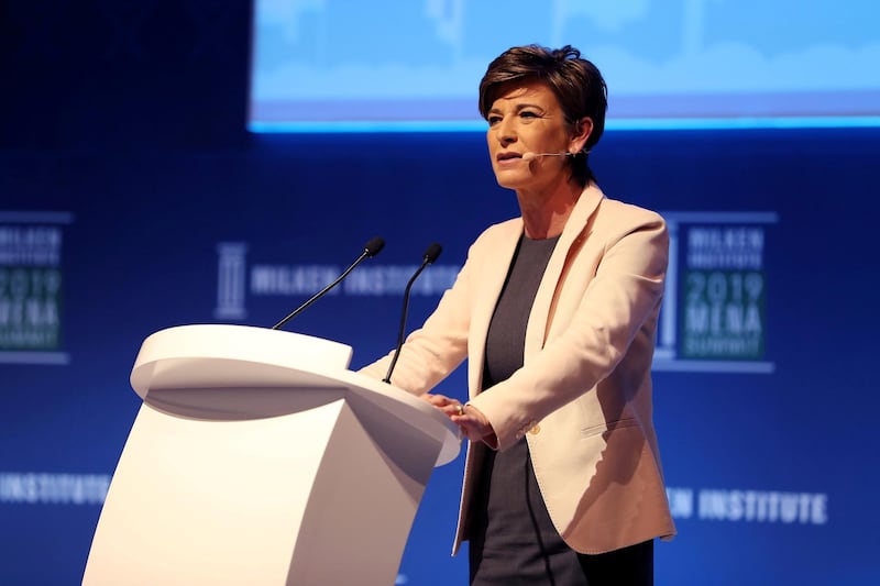 ABU DHABI , UNITED ARAB EMIRATES , February 12 – 2019 :- Moderator Becky Anderson, Anchor and Managing Editor, CNN Abu Dhabi speaking during the Milken Institute MENA Summit 2019 held at The St. Regis Saadiyat Island Resort in Abu Dhabi.  ( Pawan Singh / The National ) For News/Business/Instagram. Story by Dania 