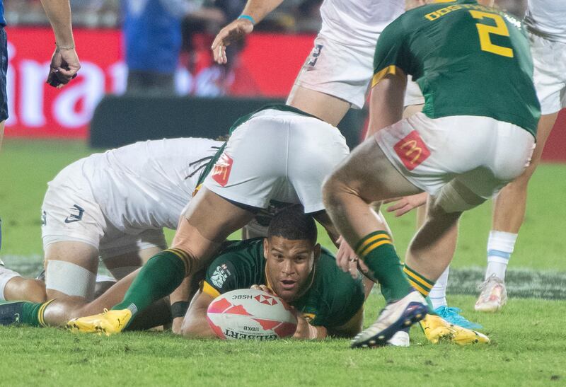 South Africa player gathers the ball.
