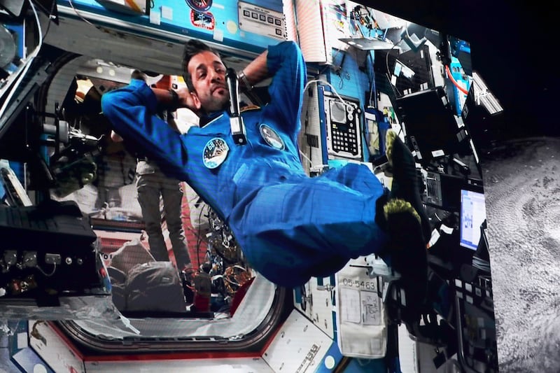 Sultan Al Neyadi, UAE Astronaut during his first ‘ A Call with Space’ video chat with the public held at Dubai Opera in Dubai. Pawan Singh / The National 