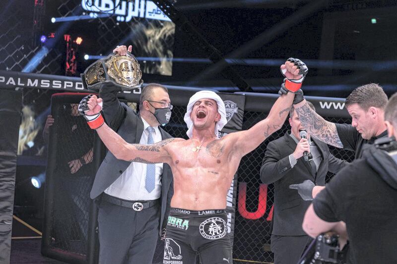 Bruno Machado reacts after his title win in the lightweight. credit to UAE Warriors 