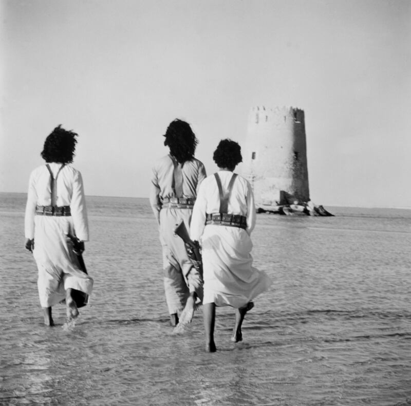 Crossing from the mainland to Abu Dhabi island in the 1950s beside the Maqta Tower, now overshadowed by the Maqta and Sheikh Zayed bridges. Photo: BP Archive