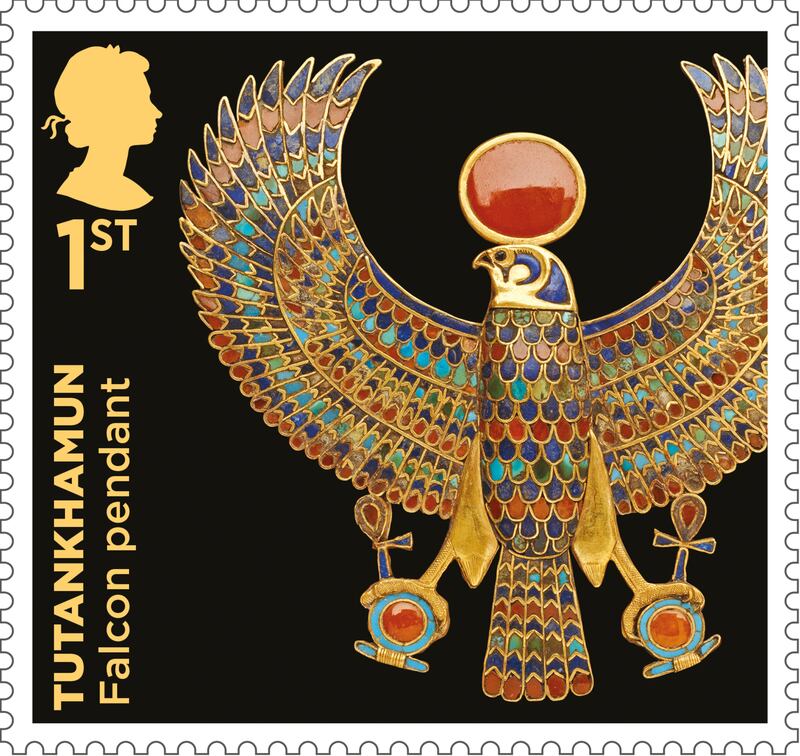 A colourful falcon pendant adorns one of the new stamps.
