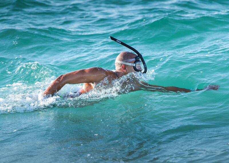 DUBAI, UNITED ARAB EMIRATES. 15 OCTOBER 2020. 
Endurance swimming champion Shehab Allam trains a day before he is set on creating a world swimming record in Dubai by braving a 25km stretch from Al Seef to Dubai Water Canal.
(Photo: Reem Mohammed/The National)

Reporter:
Section: