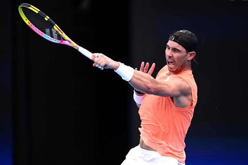 Rafael Nadal in action during a practice session ahead of the 2023 United Cup. EPA