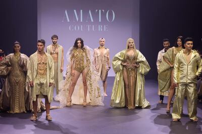 Although it was a men's showcase, Furne One's famous show-stopping gowns also made an appearance. AFP