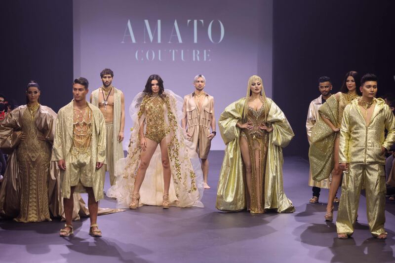 Although it was a men's showcase, the Filipino designer's famous show-stopping gowns also made an appearance on the catwalk.