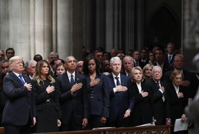 FILE: Bloomberg Best Of U.S. President Donald Trump 2017 - 2020: U.S. President Donald Trump, from left, U.S. First Lady Melania Trump, former U.S. President Barack Obama, former U.S. First Lady Michelle Obama, former U.S. President Bill Clinton, Hillary Clinton, former U.S. secretary of state, former U.S. President Jimmy Carter, and former U.S. First Lady Rosalynn Carter stand during a state funeral service for former President George H.W. Bush at the National Cathedral in Washington, D.C., U.S., on Wednesday, Dec. 5, 2018. Our editors select the best archive images looking back at Trump’s 4 year term from 2017 - 2020. Photographer: Alex Brandon/Bloomberg