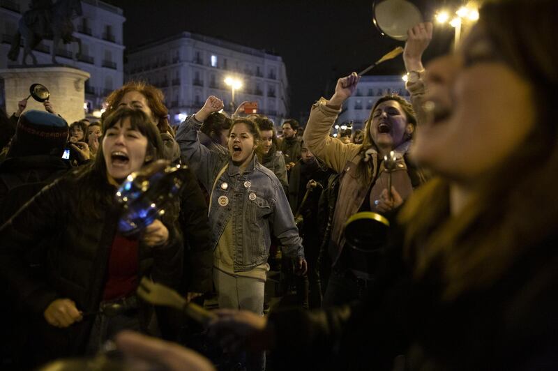 Women shout slogans and bang pans and pots during a demonstration at the start of International Women's Day in Puerta del Sol Square in Madrid, Spain. Getty Images