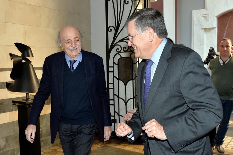 Leader of the Lebanese Socialist Progressive Party and Druze leader Walid Jumblatt, left, welcomes US Assistant Secretary of State for Near Eastern Affairs David Satterfield, right before their meeting at Jumblatt's house in Beirut.  EPA