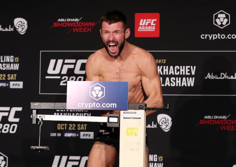 Mateusz Gamrot weighs in before his fight against Beneil Dariush at UFC 280 in Abu Dhabi. Gamrot tipped the scales at 156lbs. Chris Whiteoak / The National