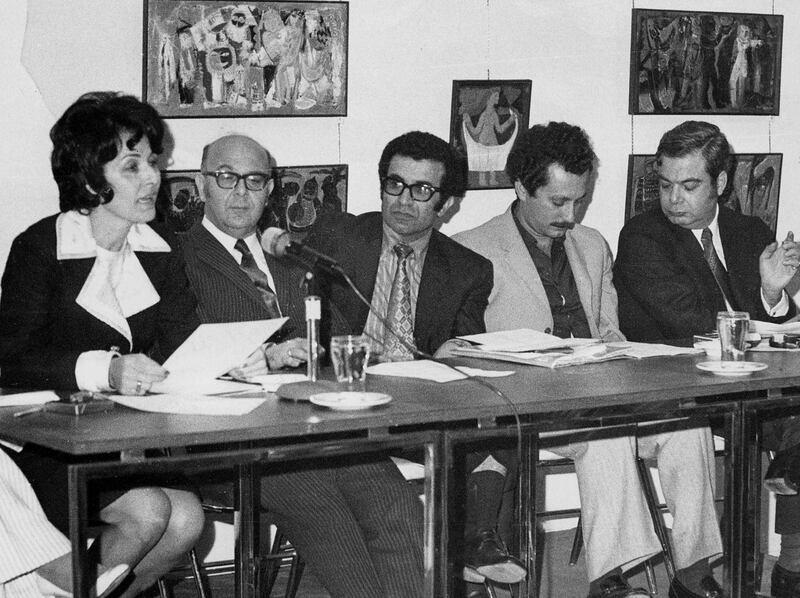 (FILES) In this file photo taken on January 01, 1971 at Dar al-Fan gallery in Beirut in 1971 shows from L to R: Lebanese novelist Emily Nasrallah, Beirut's Pen Club president, writer and researcher Jamil Jabre, novelist Halim Barakat, the late Palestinian author Ghassan Kanafani and Lebanese novelist Yussef Habshi al-Ashqar.
Prominent Lebanese novelist and lifelong women's rights activist Emily Nasrallah has died at the age of 87. / AFP PHOTO / STRINGER