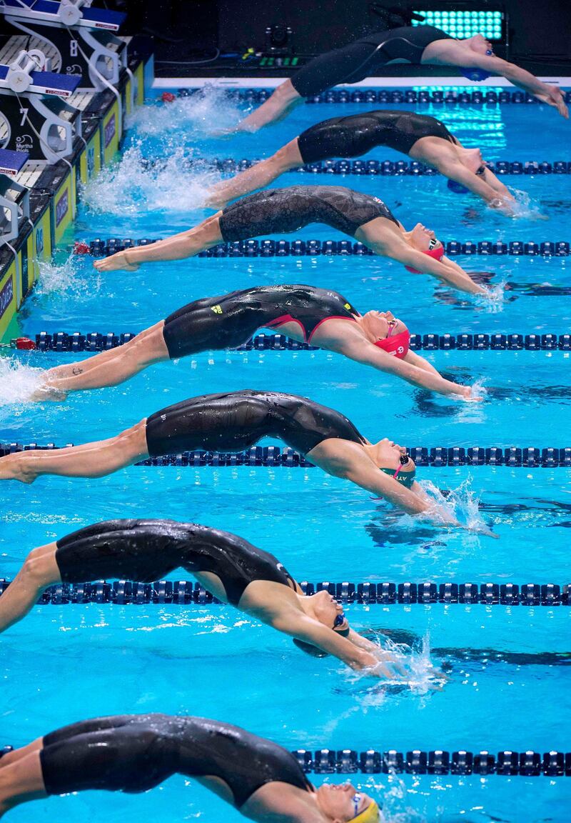 Swimmers compete in the women's 100m backstroke during the International Swimming League Championship Final in Las Vegas, Nevada, on Saturday December 21, 2019. AFP