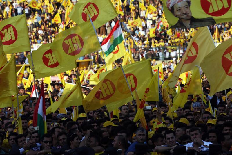 People attend celebrations marking the first anniversary of the historic Kurdistan independence referendum at the Erbil international stadium in Iraq. EPA
