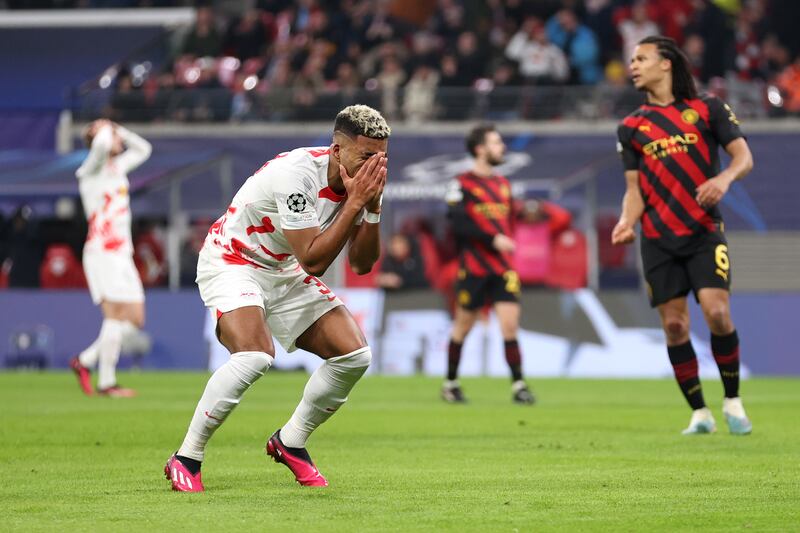 Leipzig's Benjamin Henrichs after a missed chance. Getty