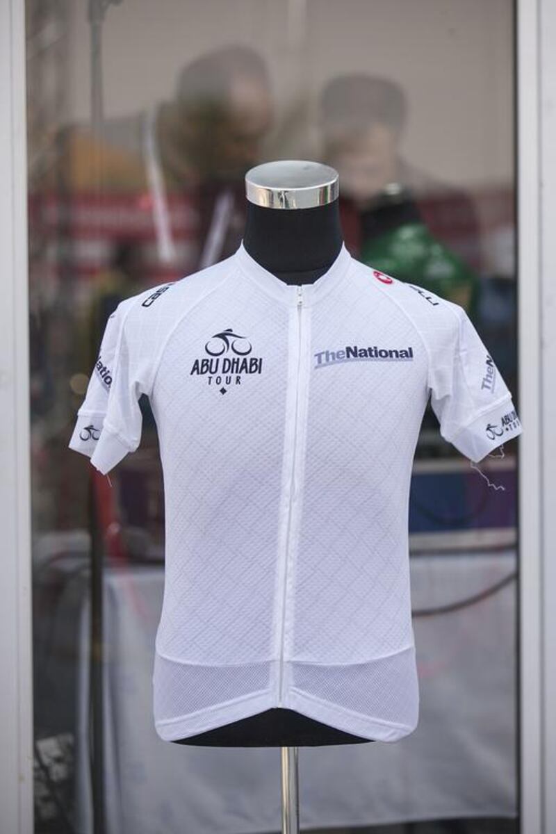 A view of the Abu Dhabi Tour’s white jersey, to be worn by the best young rider (under 25) in the overall classification. Mona Al Marzooqi / The National