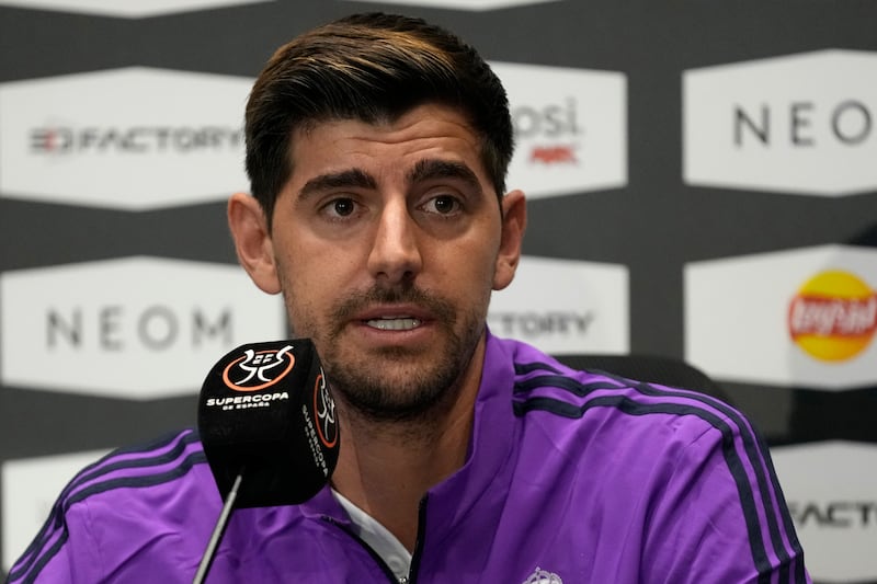 Real Madrid goalkeeper Thibaut Courtois speaks during a press conference. AP Photo