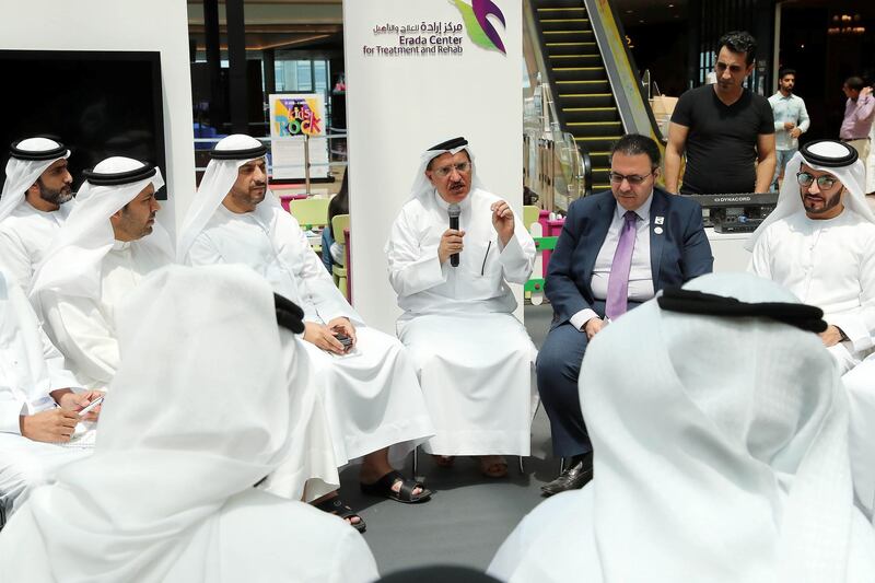 DUBAI,  UNITED ARAB EMIRATES , JUNE 25 -2019 :- Dr Abdul Qader Al Khayyat , Chairman of the Erada Rehabilitation Centre speaking to the guests at the Erada centre for rehabilitation event to mark the International Day Against Drug Abuse held at Dubai Festival City in Dubai. ( Pawan Singh / The National ) For News. Story by Salam