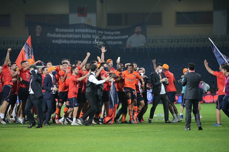 Basaksehir's players celebrate winning the Turkish Super League Championship.  EPA