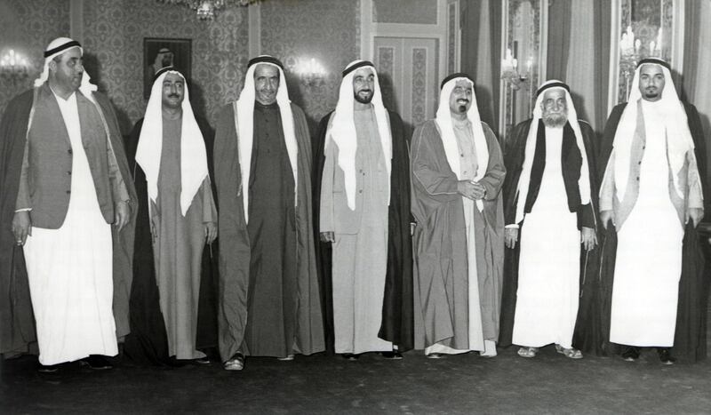 The Rulers of the 7 Emirates, Sheikh Zayed Bin Sultan Al Nahyan, Sheikh Rashid Bin Saeed Al Maktoum, Sheikh Sultan Bin Mohammed Al Qasimi, Sheikh Rashid Bin Ahmad Al Mualla, Sheikh Saqr Bin Mohammed Al Qasimi, Sheikh Mohammed Bin Hamad Al Sharqi, Sheikh Humaid Bin Rashid Al Nuaimi at the Presidential Palace in Abu Dhabi after Ras Al Khaimah joined the United Arab Emirates, 10th February 1972 
National Archives images supplied by the Ministry of Presidential Affairs to mark the 50th anniverary of Sheikh Zayed Bin Sultan Al Nahyan becaming the Ruler of Abu Dhabi. *** Local Caption ***  16.jpg