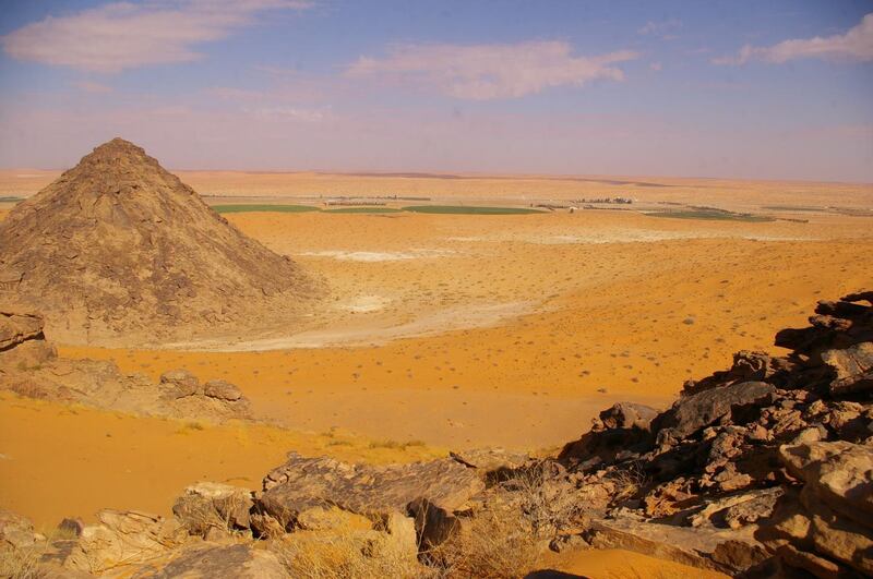 Jubbah Oasis pictured today, with modern farming on the desert floor. In the past, this area would have been a wetland and lake region. Courtesy: Palaeodeserts Project.