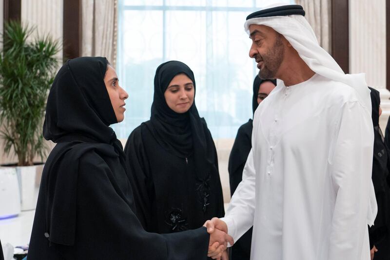 ABU DHABI, UNITED ARAB EMIRATES - May 28, 2019: HH Sheikh Mohamed bin Zayed Al Nahyan, Crown Prince of Abu Dhabi and Deputy Supreme Commander of the UAE Armed Forces (R), greets a member of the Ministry of Presidential Affairs, during an iftar reception, at Al Bateen Palace.

( Eissa Al Hammadi for the Ministry of Presidential Affairs )
---