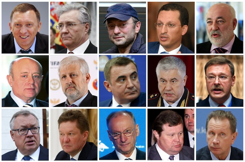 A combination of file photos show prominent Russian businessmen and officials on a U.S. sanctions list released by the U.S. Treasury Department in Washington, D.C. April 6, 2018.  (Top, L-R) Oleg Deripaska, Vladimir Bogdanov, Suleiman Kerimov, Kirill Shamalov, Viktor Vekselberg, (middle L-R) Mikhail Fradkov, Sergei Fursenko, Alexei Dyumin, Vladimir Kolokoltsev, Konstantin Kosachev, (bottom, L-R) Andrei Kostin, Alexei Miller, Nikolai Patrushev, Vladimir Ustinov, Viktor Zolotov.  REUTERS/Files