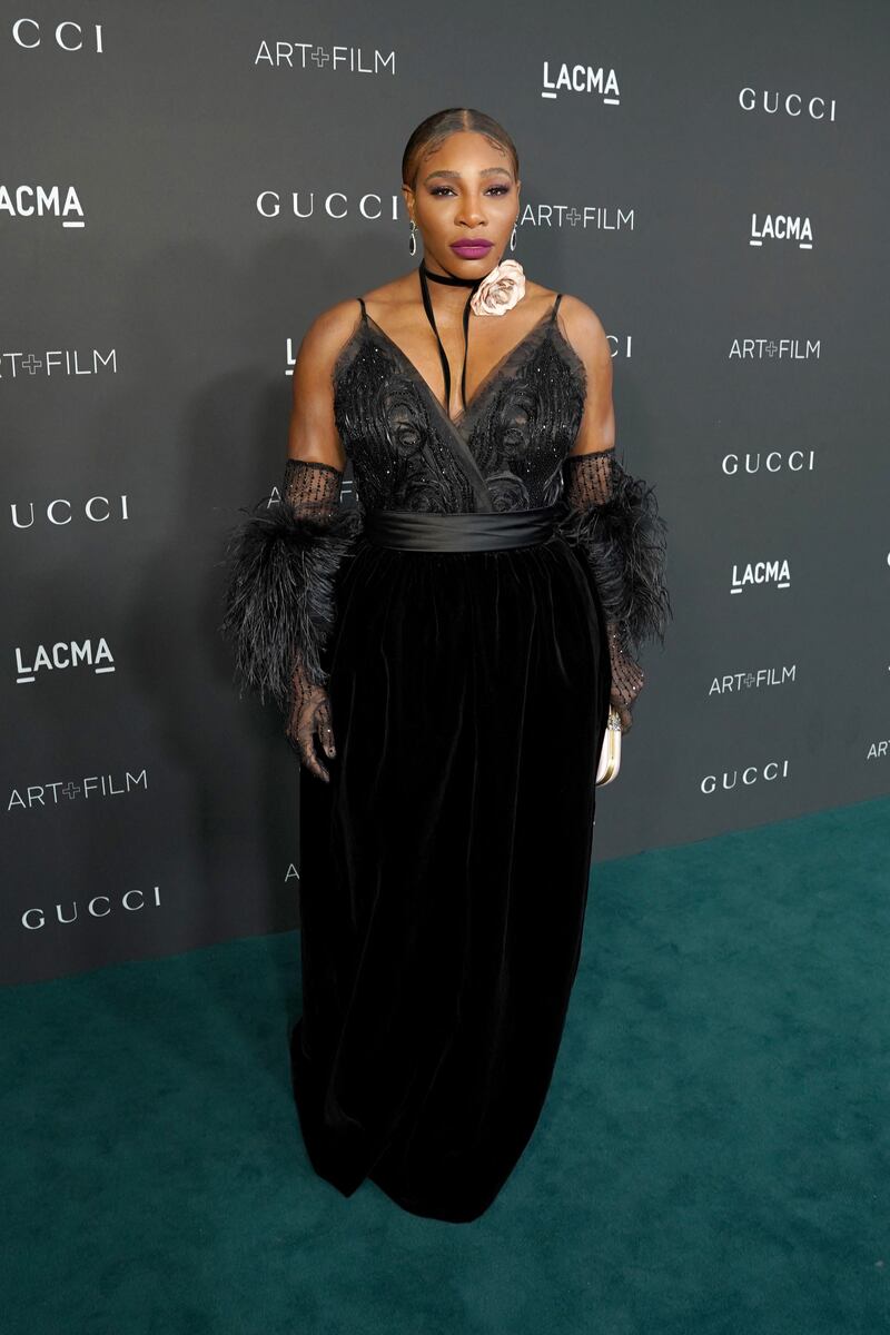 Serena Williams, wearing black Gucci, attends the 10th Annual Lacma Art and Film Gala at Los Angeles County Museum of Art on November 06, 2021. AFP