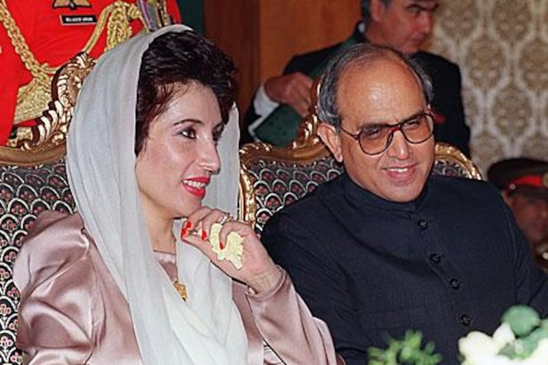 Benazir Bhutto, the then prime minister, with Farooq Ahmad Khan Leghari during his swearing-in ceremony as president.