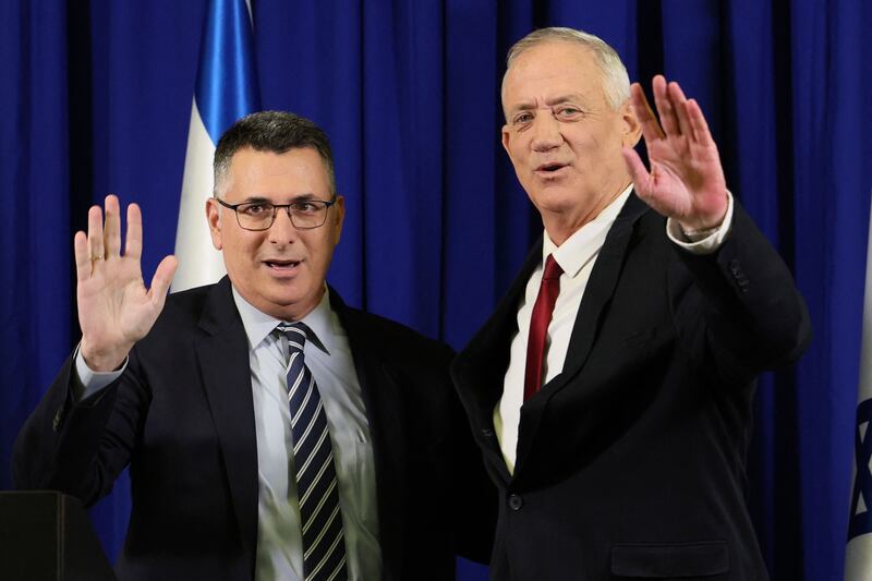 Israel's Defence Minister and Blue and White party chief Benny Gantz, right, with Justice Minister and New Hope leader Gideon Saar. Photo: AFP