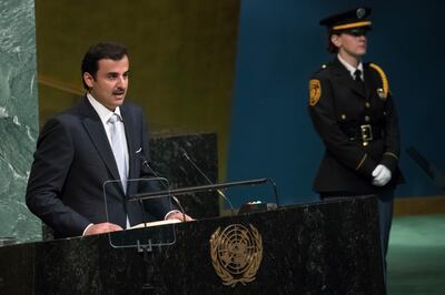The Amir of Qatar, Sheikh Tamim bin Hamad Al-Thani speaks during the 72nd session of the United Nations General Assembly at U.N. headquarters, Tuesday, Sept. 19, 2017. (AP Photo/Mary Altaffer)