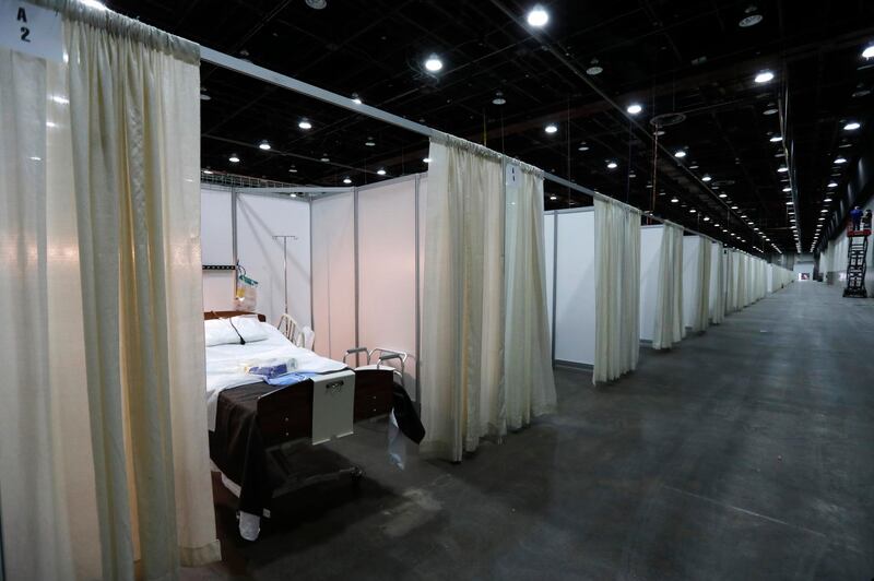 A hospital bed in one of the temporary rooms at the TCF Center in Detroit. AP Photo