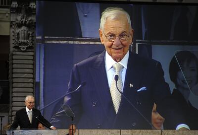 (FILES) In this file photo taken on April 13, 2011 business icon Lee Iacocca speaks after he receive honors at the Ellis Island Family Heritage Awards at the Ellis Island Immigration Museum at the Great Hall on Ellis Island in New York.  Lee Iacocca, the automobile industry executive who helped launch the Mustang at Ford and save Chrysler from bankruptcy, and a successful salesmen, died July 2 at his home in the Bel-Air area of Los Angeles, said his daughter Lia Iacocca Assad. He was 94. / AFP / TIMOTHY A. CLARY
