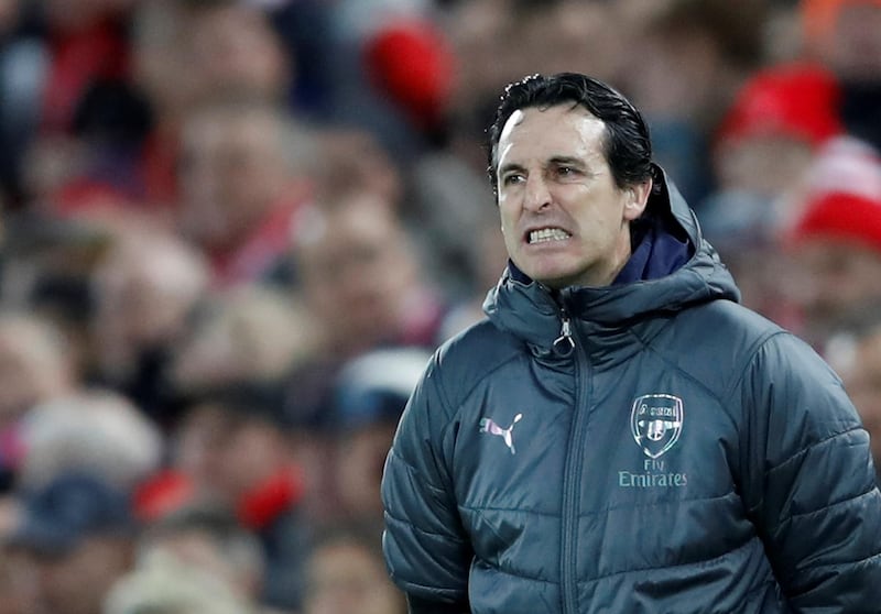 Soccer Football - Premier League - Liverpool v Arsenal - Anfield, Liverpool, Britain - December 29, 2018  Arsenal manager Unai Emery reacts  Action Images via Reuters/Carl Recine  EDITORIAL USE ONLY. No use with unauthorized audio, video, data, fixture lists, club/league logos or "live" services. Online in-match use limited to 75 images, no video emulation. No use in betting, games or single club/league/player publications.  Please contact your account representative for further details.