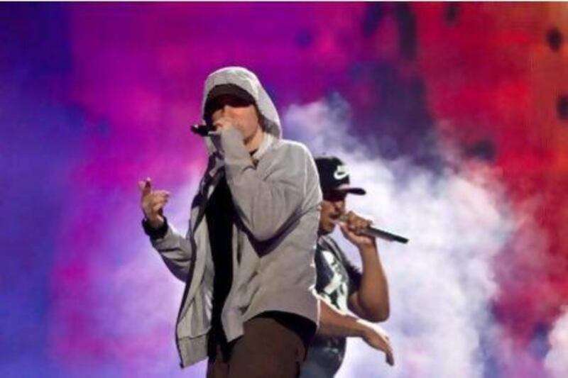 Eminem plays at the du Arena on Yas Island as part of the Formula One weekend.