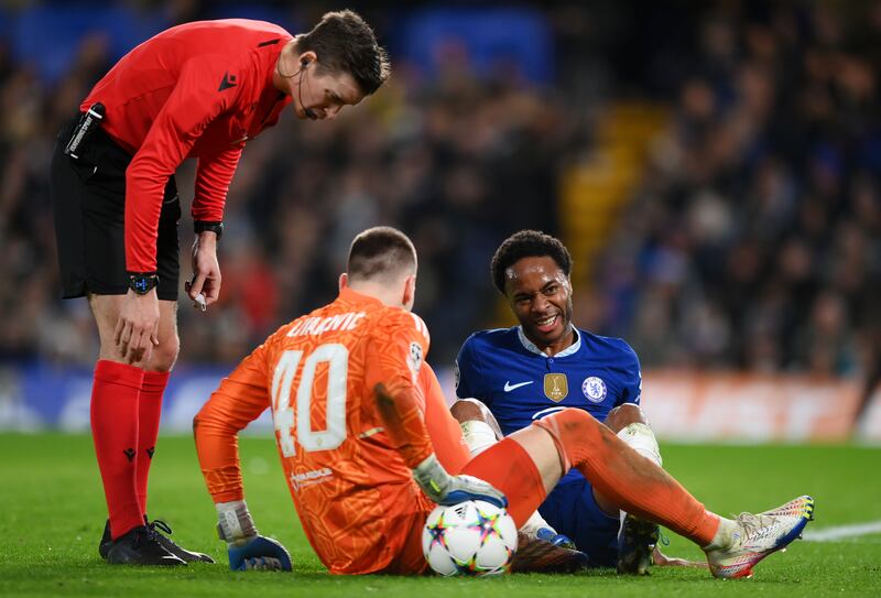 Chelsea's Raheem Sterling after colliding with Zageb goalkeeper Dominik Livakovic. Getty