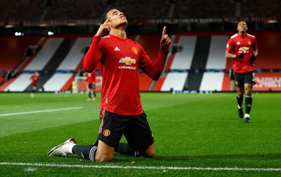 MANCHESTER, ENGLAND - OCTOBER 28: Mason Greenwood of Manchester United celebrates after scoring his sides first goal during the UEFA Champions League Group H stage match between Manchester United and RB Leipzig at Old Trafford on October 28, 2020 in Manchester, England. Sporting stadiums around the UK remain under strict restrictions due to the Coronavirus Pandemic as Government social distancing laws prohibit fans inside venues resulting in games being played behind closed doors. (Photo by Clive Brunskill/Getty Images)