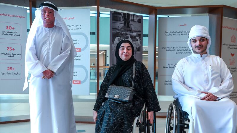 From left, Mohamed Alaydaroos, Noura Al Blooki and Hamad Al Hamadi at the launch event at Aldar Properties headquarters, on Yas Island. Victor Besa / The National