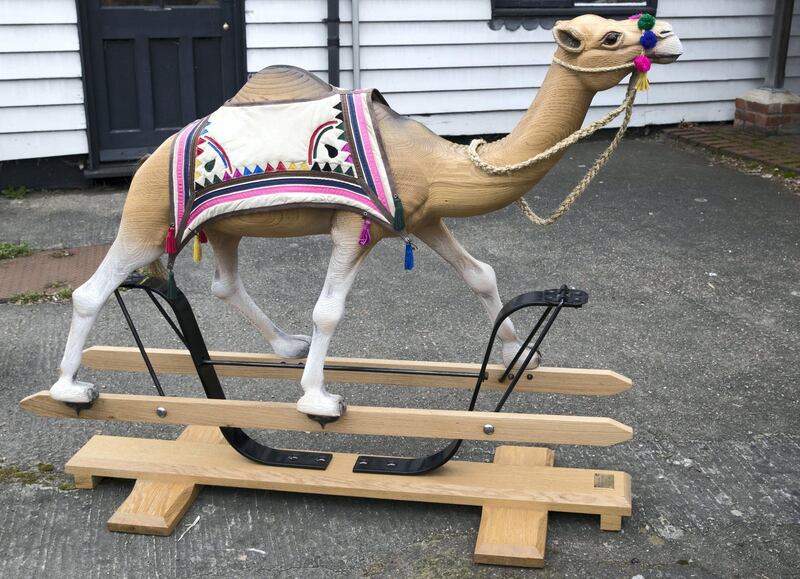 BETHERSDEN,UK 20th March 2019. Marc Stevenson, Co- owner of Stevenson Brothers rocking horse makers  with Humphrey the rocking-camel outside their workshop in the village of Bethersden, near Ashford, United Kingdom,  Stephen Lock for the National 