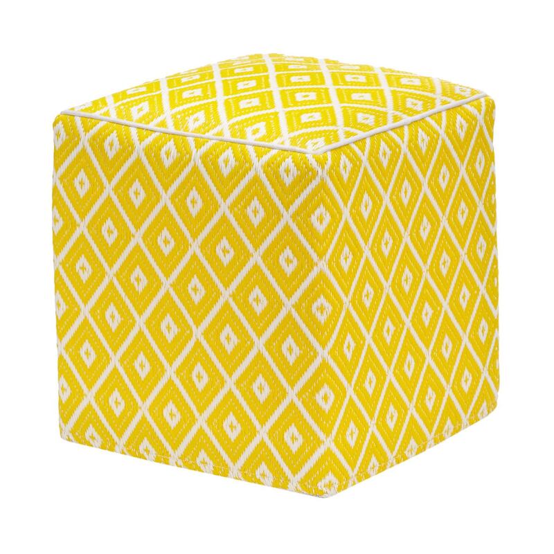 Geometric shapes in shades of yellow are pleasing to the eye. Seen here, a pouf from KSL Living