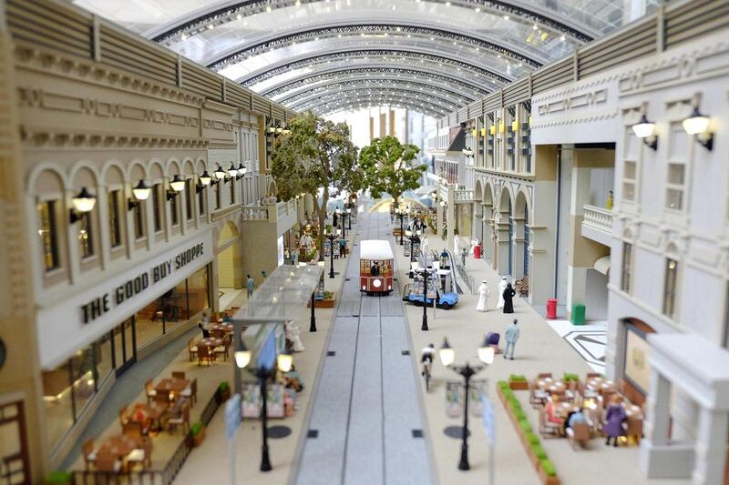 Plans for the Mall of the World include 7 kilometres of shop-lined streets and a cultural district inspired by the Ramblas in Barcelona and London’s Oxford Street. Above, a scaled version of retails shops on the planned mall. Antonie Robertson / The National