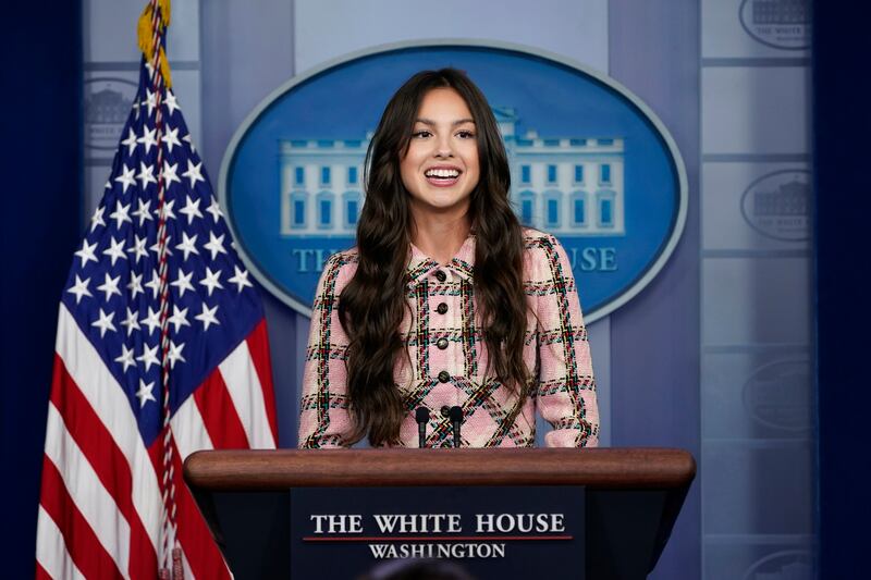 Teenage pop star Olivia Rodrigo speaks at the beginning of the daily briefing at the White House in Washington on Wednesday, July 14. AP Photo
