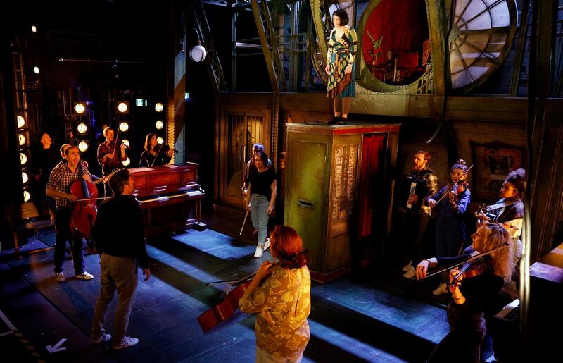 The cast of 'Amelie' rehearse before their return to the stage at the Criterion Theatre in London. Reuters