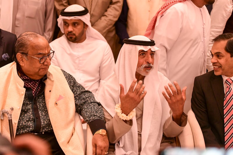 Vasu Shroff, who has been a driving force behind the temple's construction, sits with Sheikh Nahyan and Mr Sudhir.