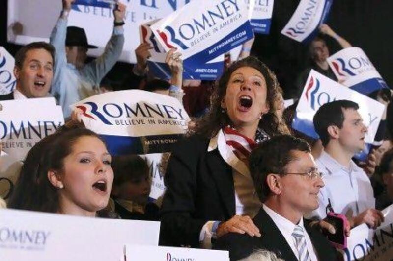 Supporters of Mitt Romney. the Republican US presidential candidate and former Massachusetts Governor,  cheer at his Super Tuesday rally in Boston.