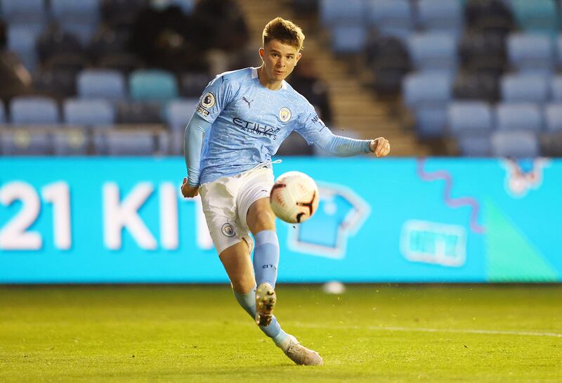 James McAtee of Manchester City scores during a  Premier League 2 match against Tottenham Hotspur.